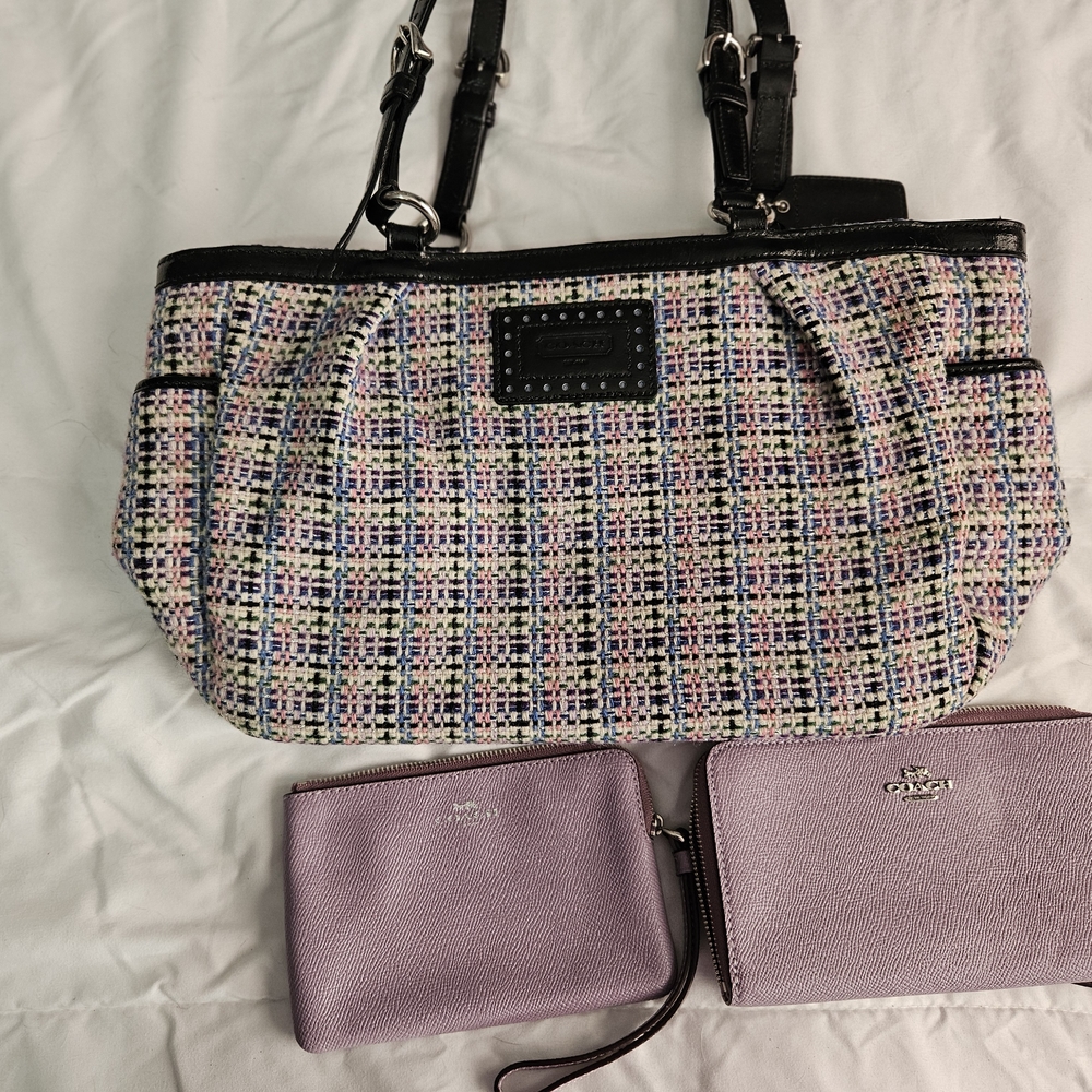 Coach Multicolor Tweed Shoulder Bag with Black Trim